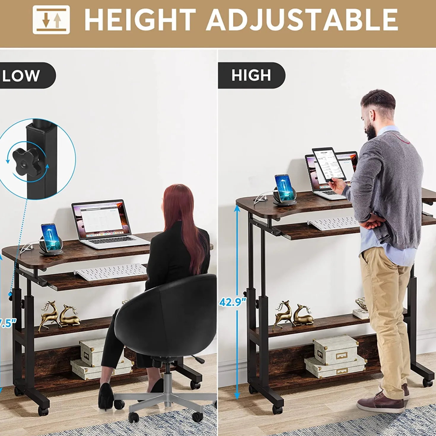 Height Adjustable Desk, Mobile Portable Desk with Wireless Charging Station