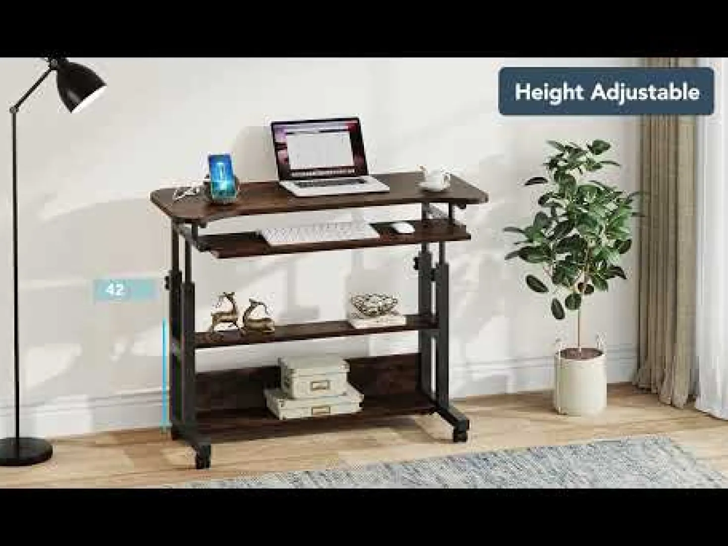 Height Adjustable Desk, Mobile Portable Desk with Wireless Charging Station