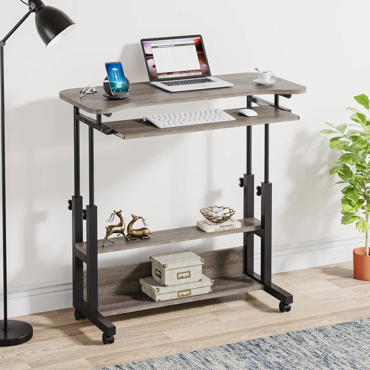 Height Adjustable Desk, Mobile Portable Desk with Wireless Charging Station