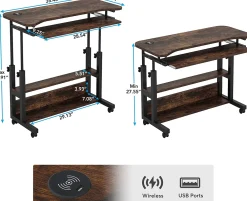 Height Adjustable Desk, Mobile Portable Desk with Wireless Charging Station