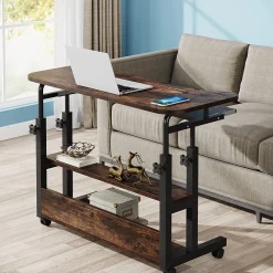 Height Adjustable Desk, Mobile Portable Desk with Wireless Charging Station