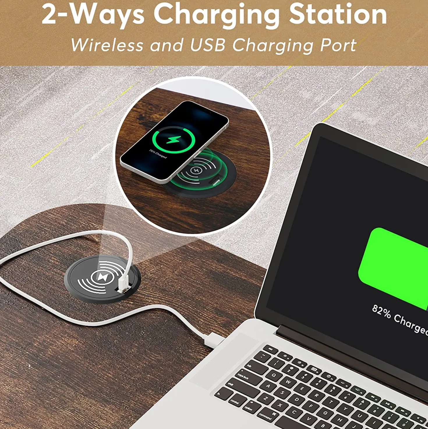 Height Adjustable Desk, Mobile Portable Desk with Wireless Charging Station