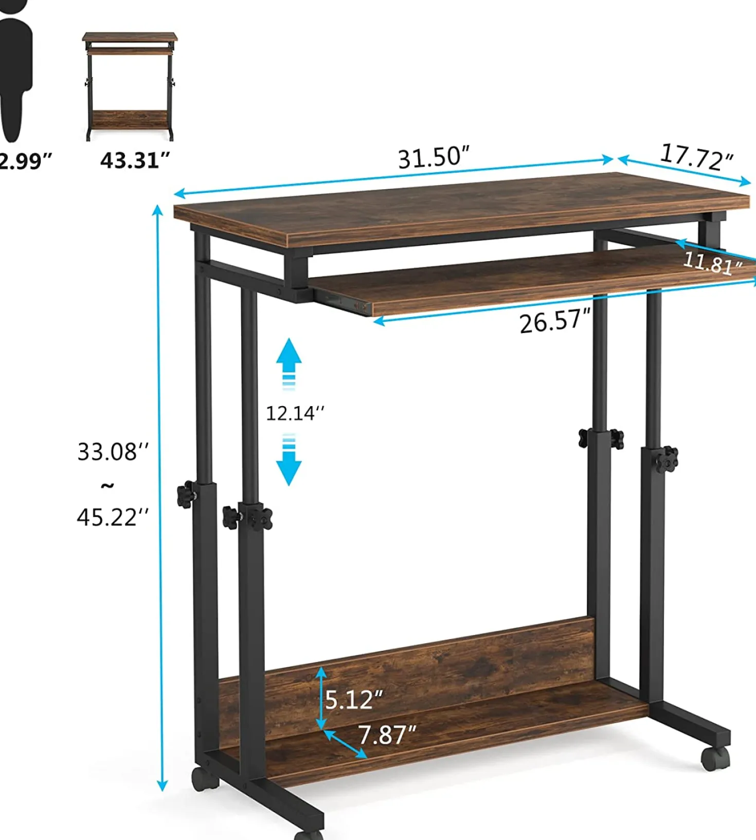 Height Adjustable Desk, Rolling Standing Portable Laptop Table