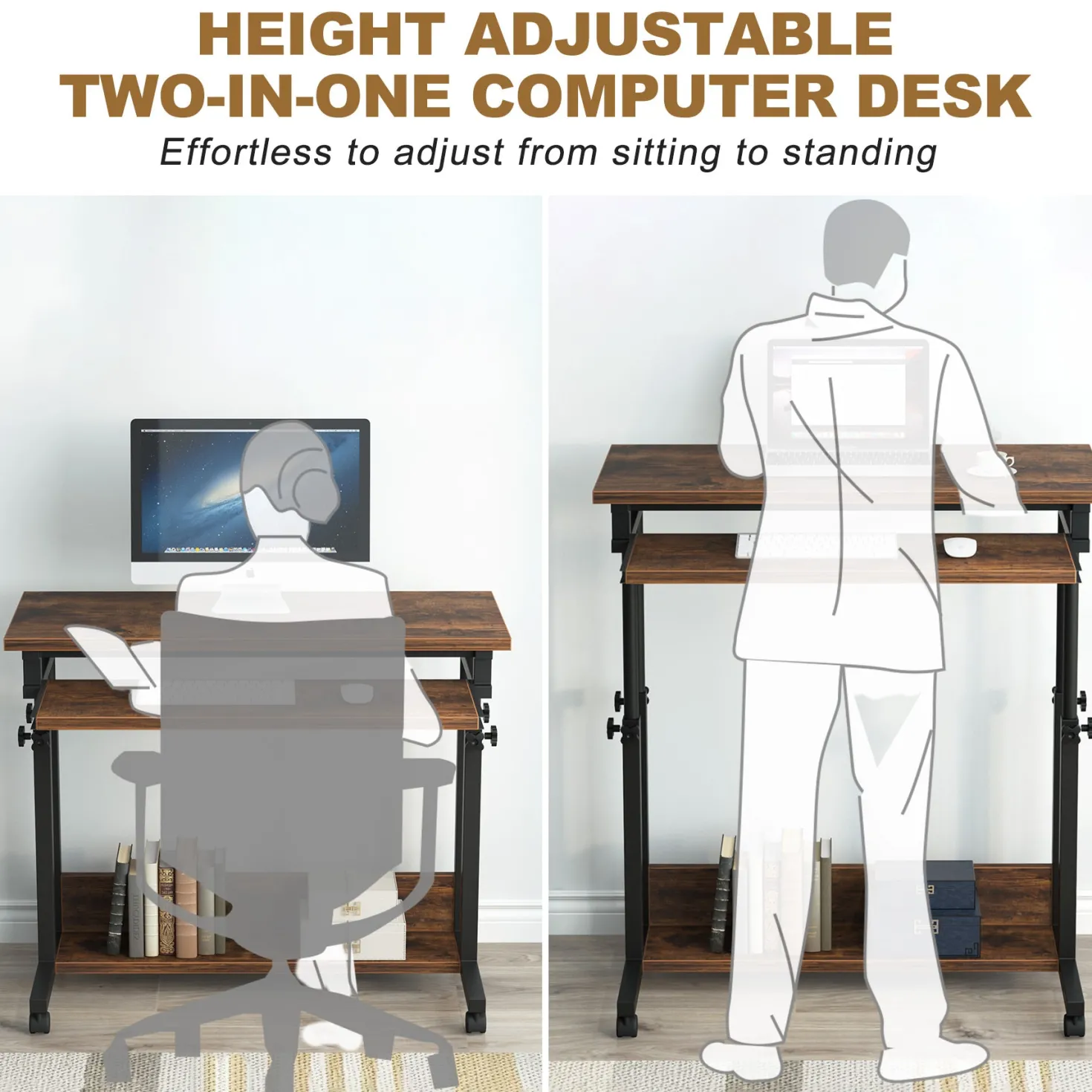 Height Adjustable Desk, Rolling Standing Portable Laptop Table