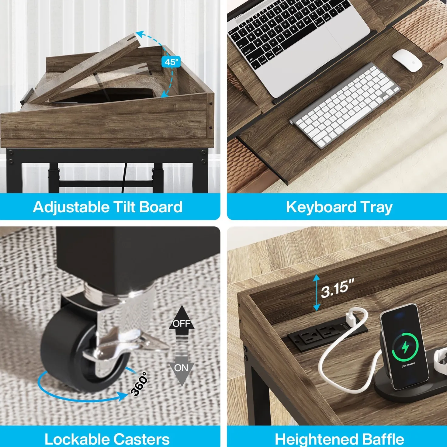 Height Adjustable Overbed Table with Wheels & Charging Station