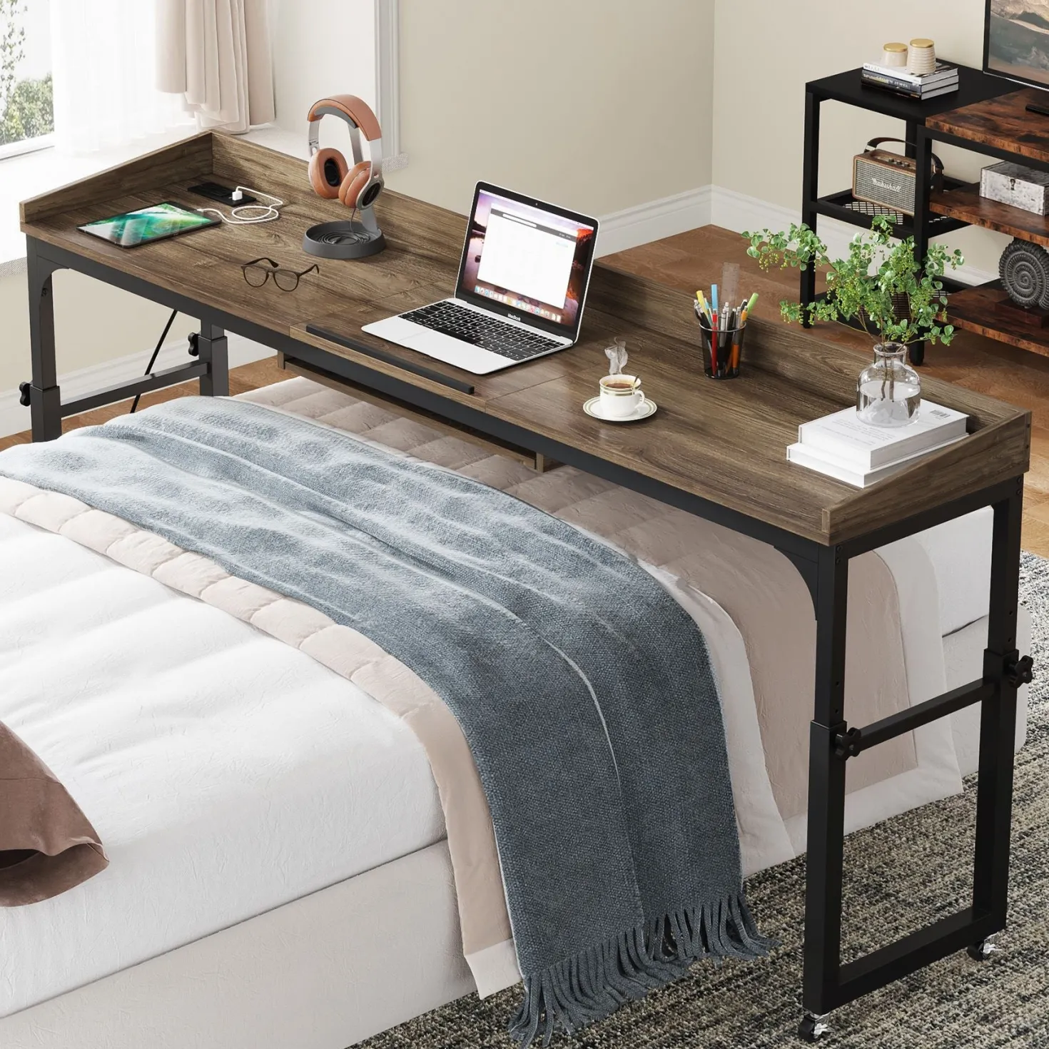 Height Adjustable Overbed Table with Wheels & Charging Station