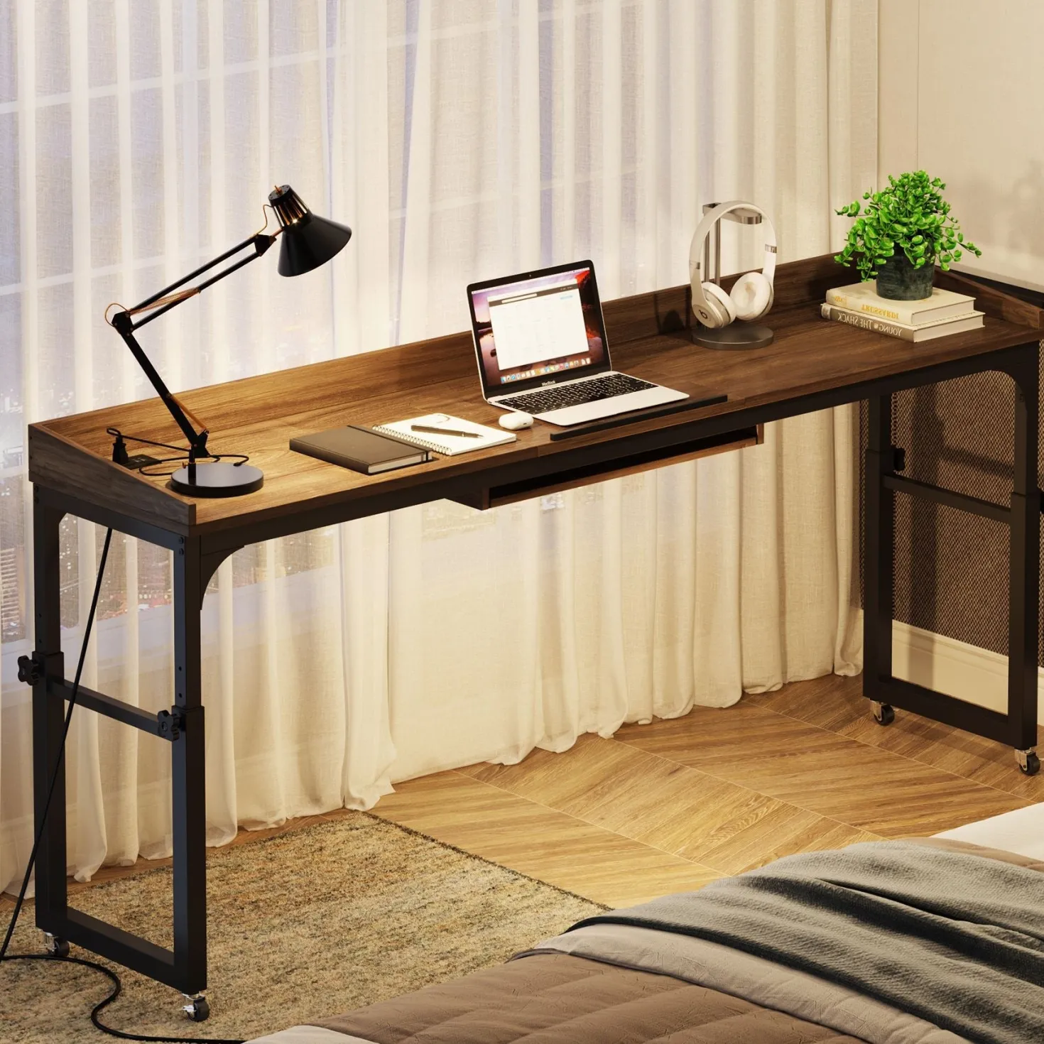 Height Adjustable Overbed Table with Wheels & Charging Station