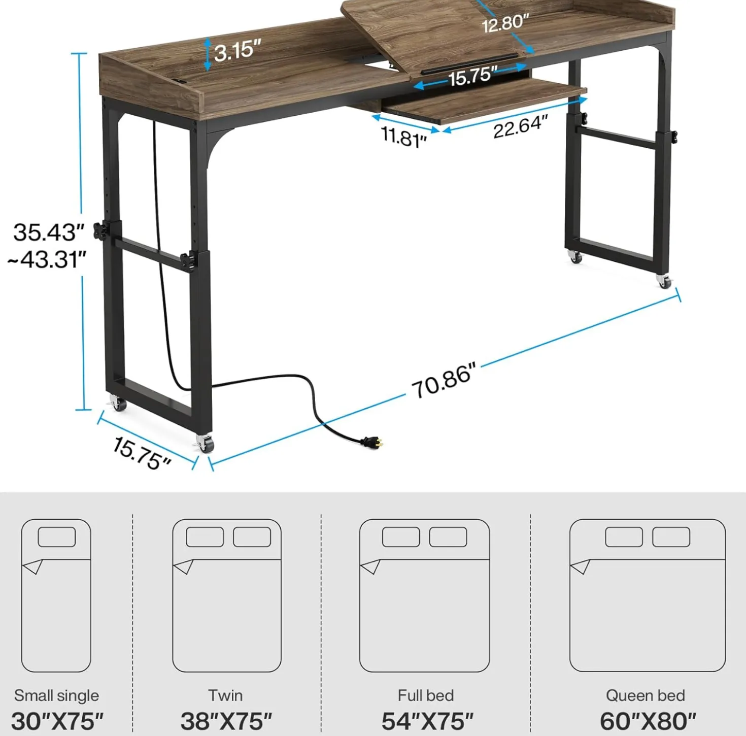 Height Adjustable Overbed Table with Wheels & Charging Station
