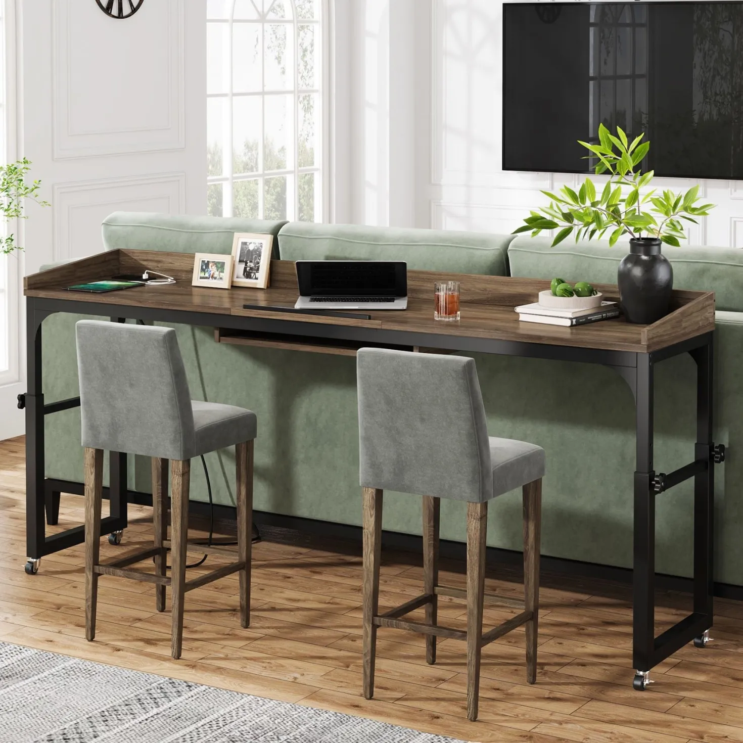 Height Adjustable Overbed Table with Wheels & Charging Station