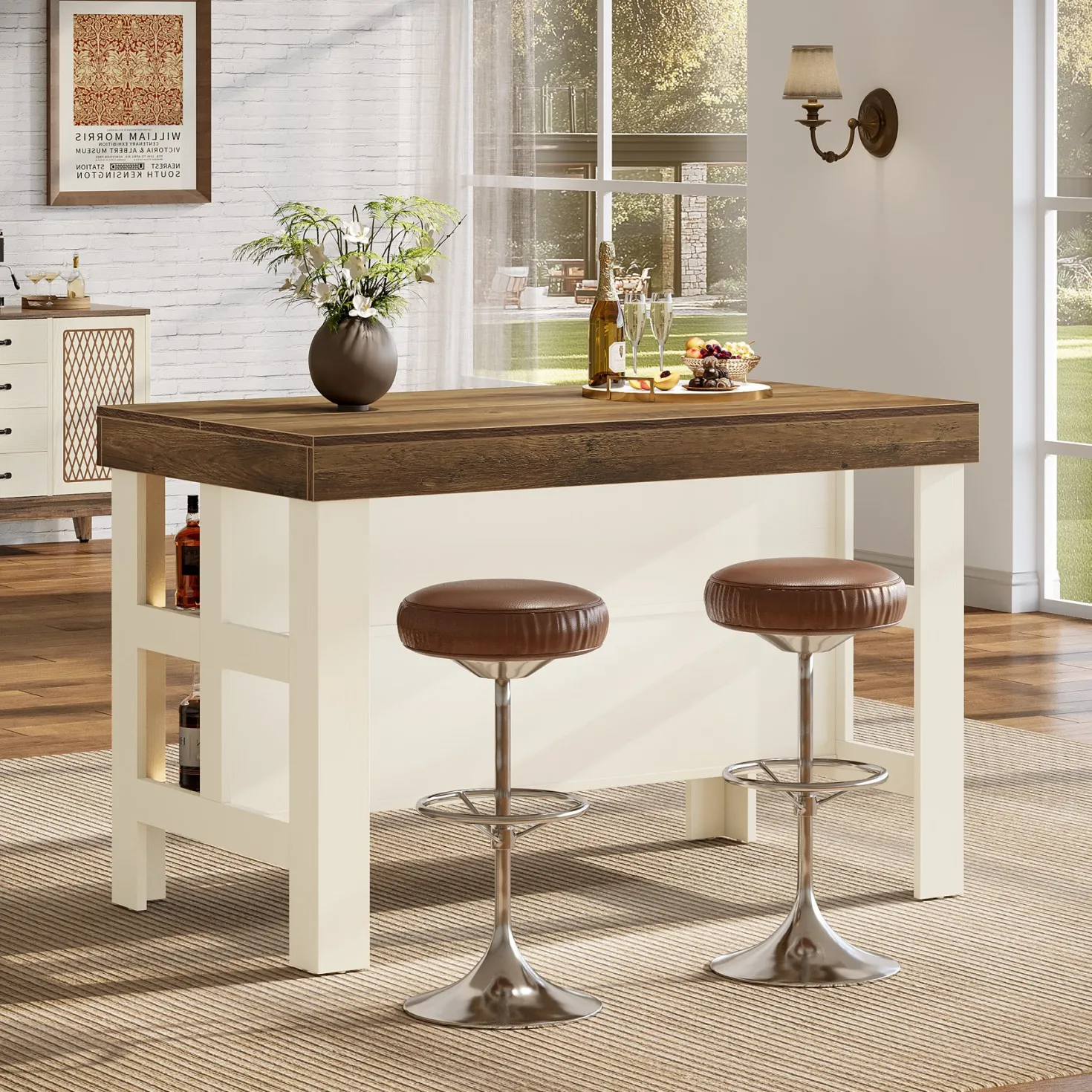 Home Bar Table Unit, 55" Counter Height Bar Cabinet with Storage Shelves