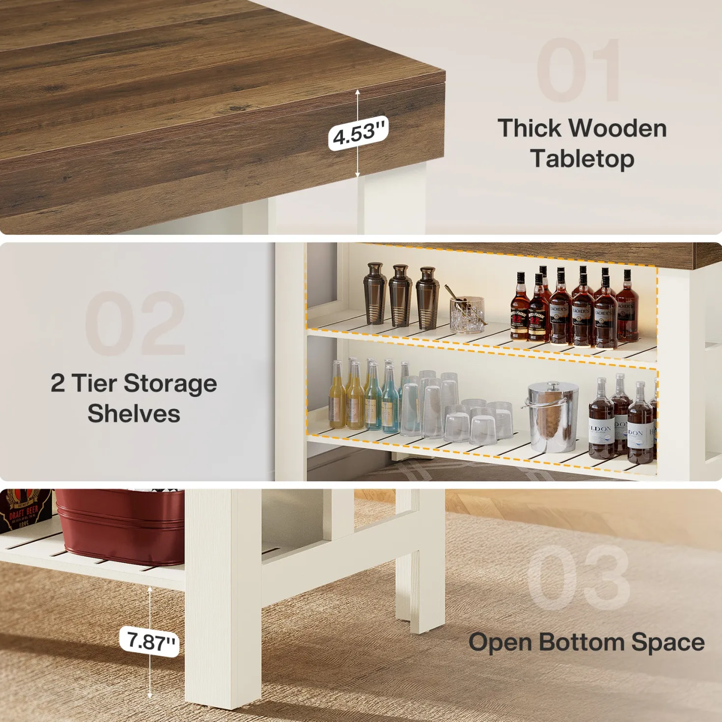 Home Bar Table Unit, 55" Counter Height Bar Cabinet with Storage Shelves