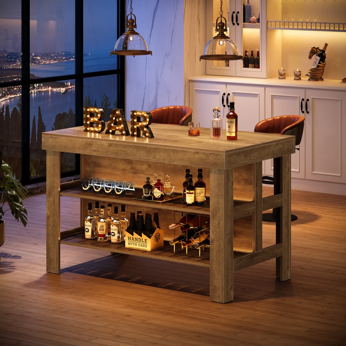 Home Bar Table Unit, 55" Counter Height Bar Cabinet with Storage Shelves