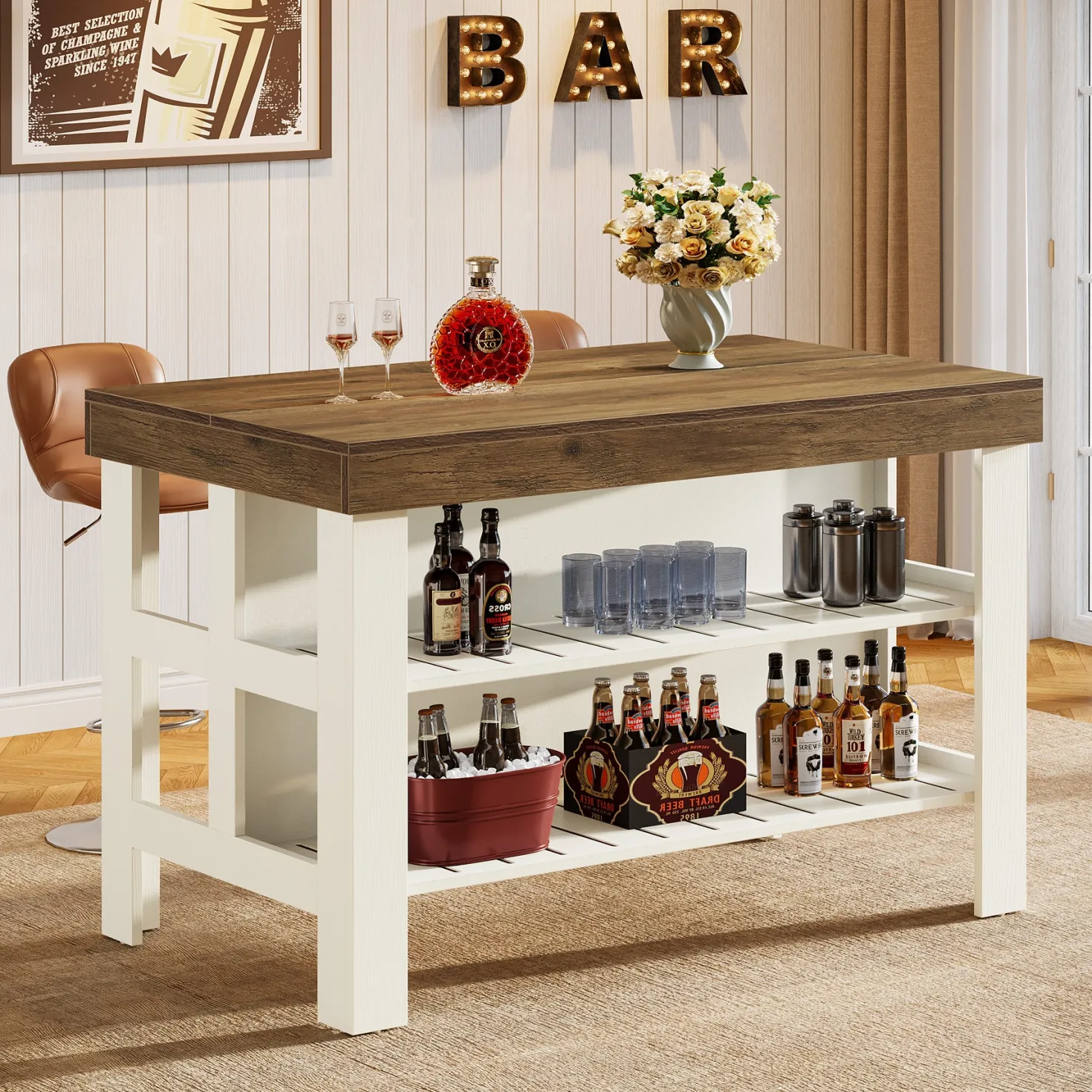 Home Bar Table Unit, 55" Counter Height Bar Cabinet with Storage Shelves