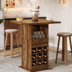 Home Bar Unit, Square Liquor Bar Cabinet with Storage Drawer and Wine Rack