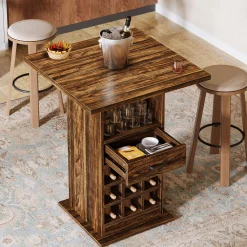 Home Bar Unit, Square Liquor Bar Cabinet with Storage Drawer and Wine Rack