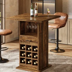 Home Bar Unit, Square Liquor Bar Cabinet with Storage Drawer and Wine Rack