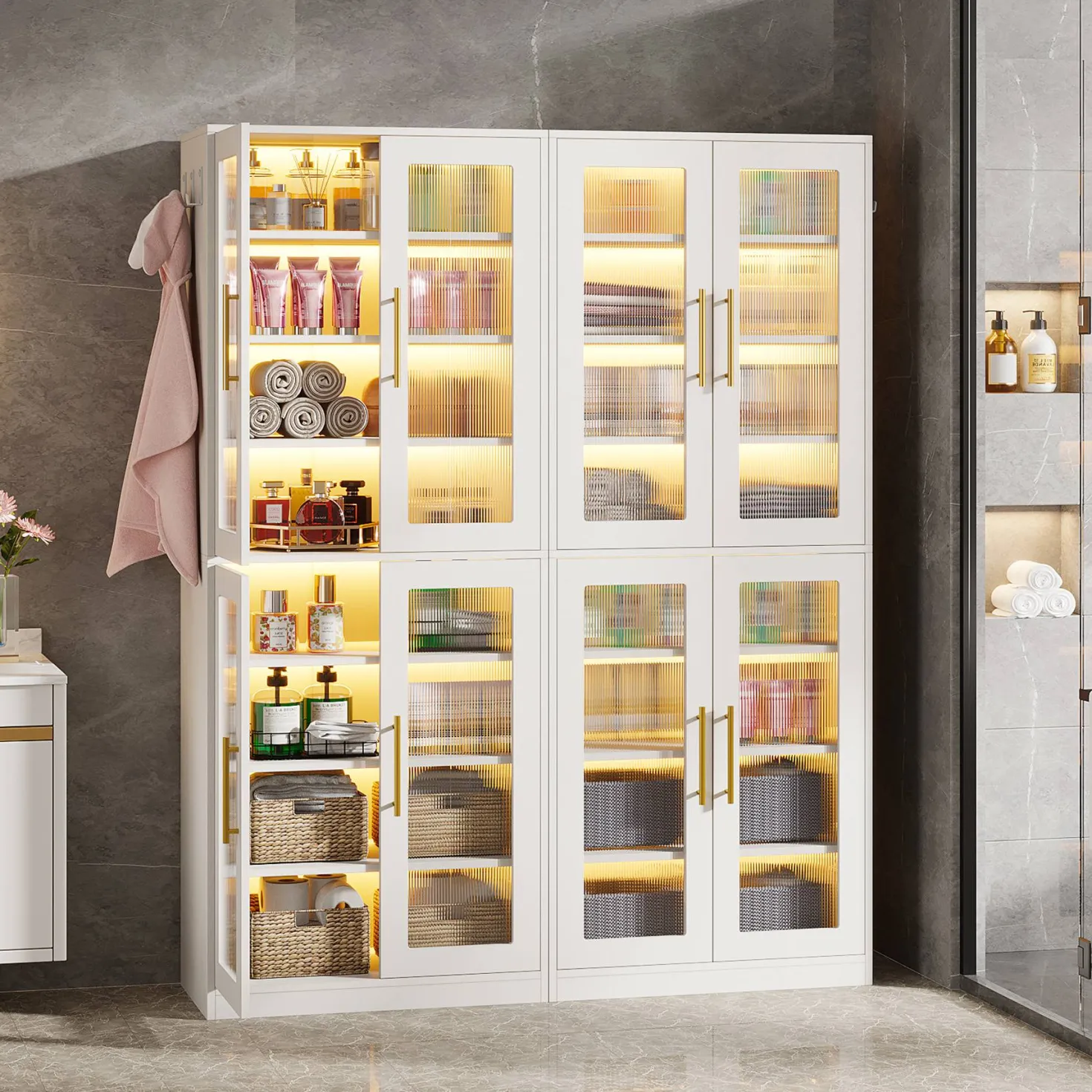 67-inch Bookcase, 8-Tier Bookshelf with Acrylic Doors and LED Light