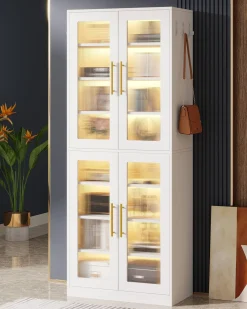67-inch Bookcase, 8-Tier Bookshelf with Acrylic Doors and LED Light