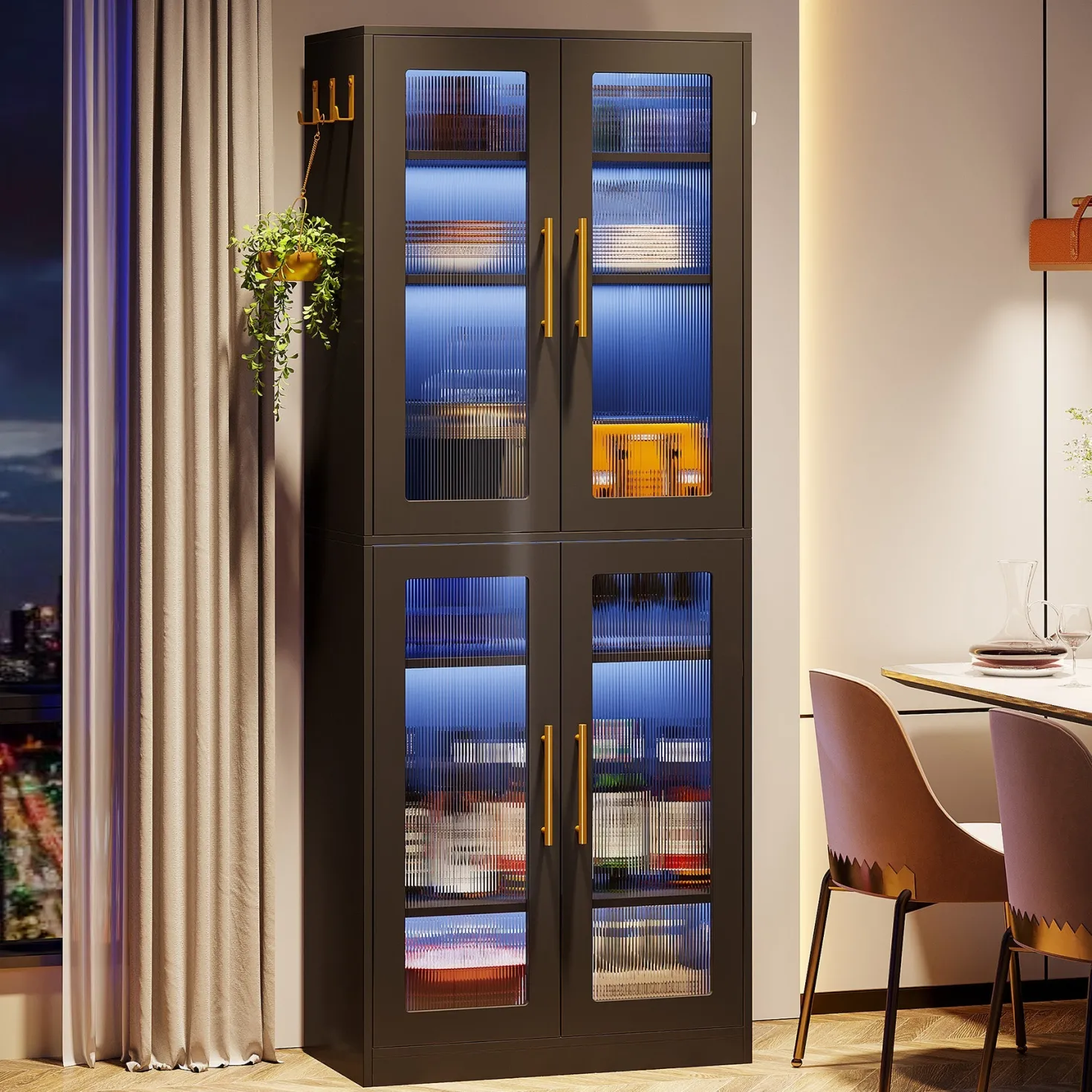 67-inch Bookcase, 8-Tier Bookshelf with Acrylic Doors and LED Light