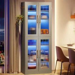 67-inch Bookcase, 8-Tier Bookshelf with Acrylic Doors and LED Light