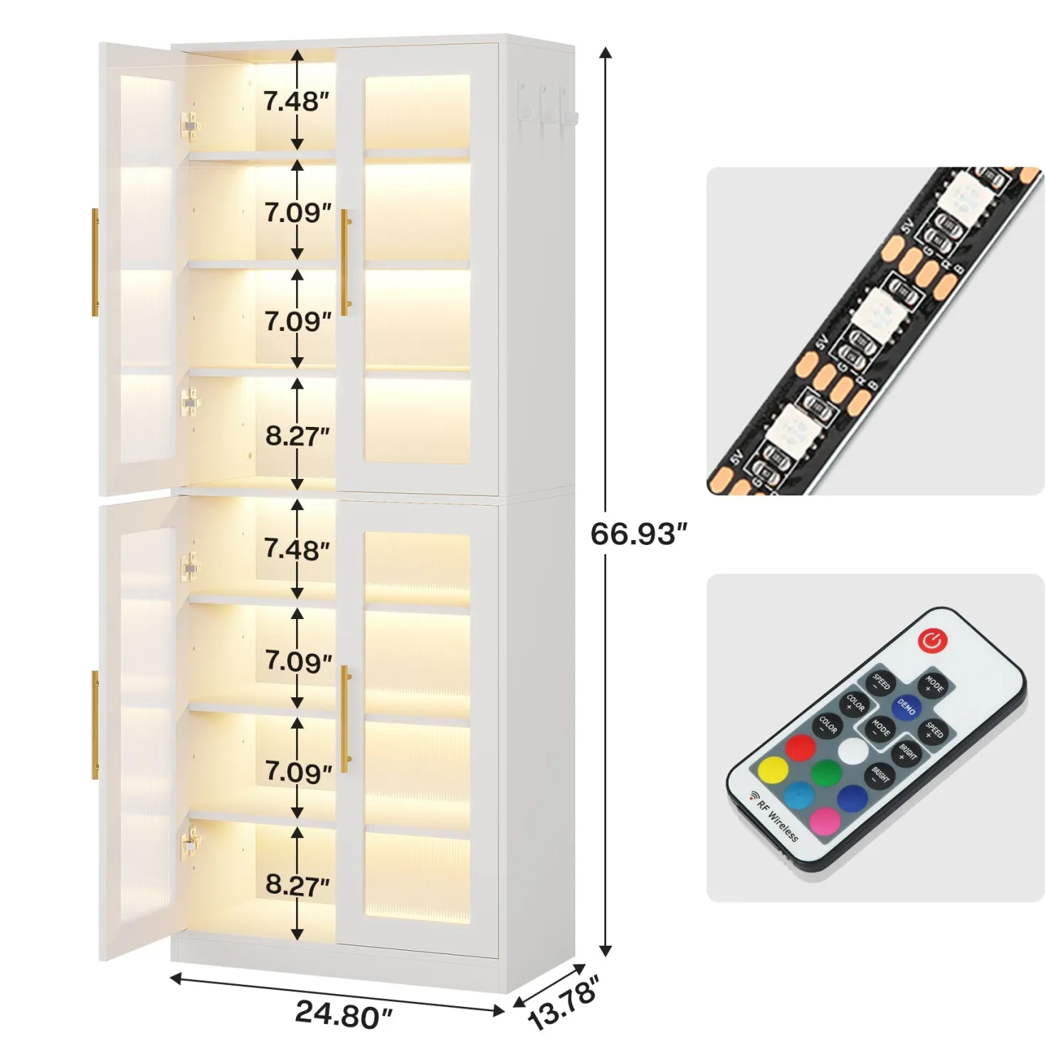 67-inch Bookcase, 8-Tier Bookshelf with Acrylic Doors and LED Light
