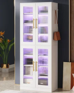 67-inch Bookcase, 8-Tier Bookshelf with Acrylic Doors and LED Light