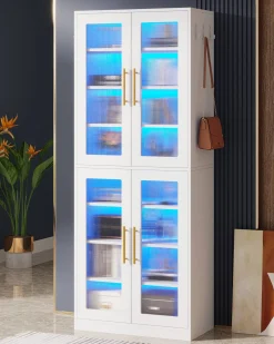 67-inch Bookcase, 8-Tier Bookshelf with Acrylic Doors and LED Light