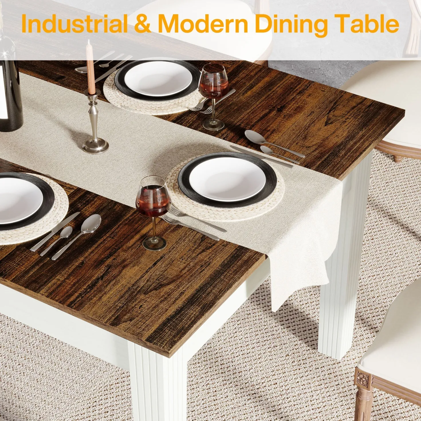 62-Inch Dining Table, Farmhouse Rectangular Kitchen Table for 4-6