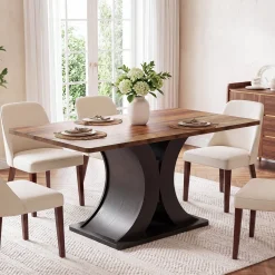 55-Inch Dining Table for 4-6, Farmhouse Wooden Table with Pedestal Base for Kitchen Dining Room