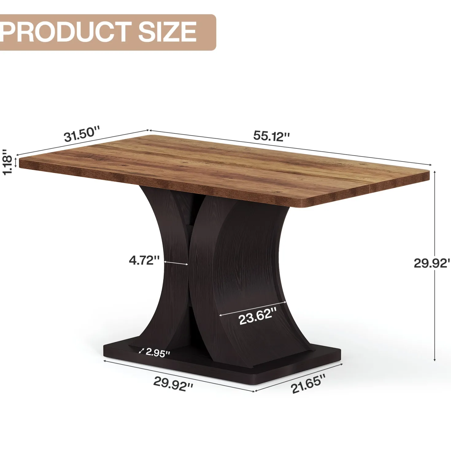 55-Inch Dining Table for 4-6, Farmhouse Wooden Table with Pedestal Base for Kitchen Dining Room