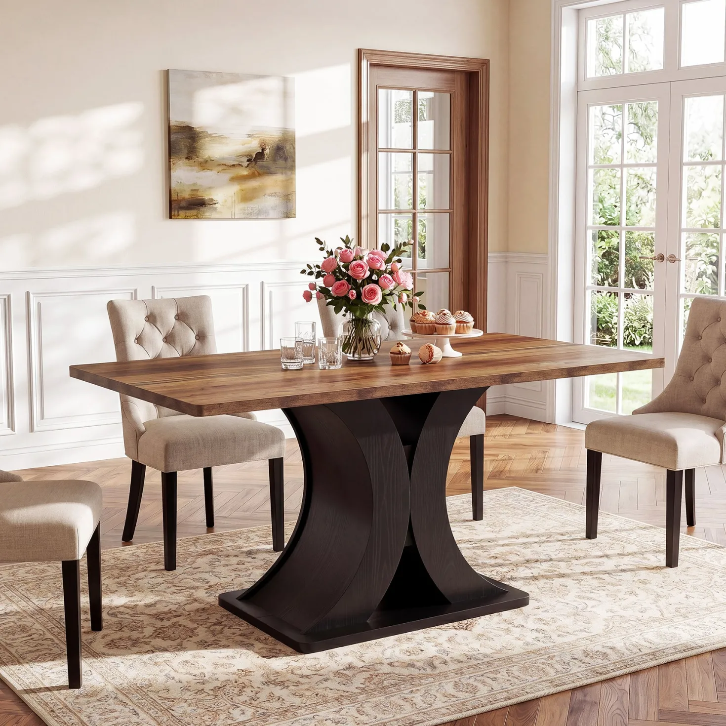 55-Inch Dining Table for 4-6, Farmhouse Wooden Table with Pedestal Base for Kitchen Dining Room