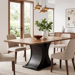 55-Inch Dining Table for 4-6, Farmhouse Wooden Table with Pedestal Base for Kitchen Dining Room