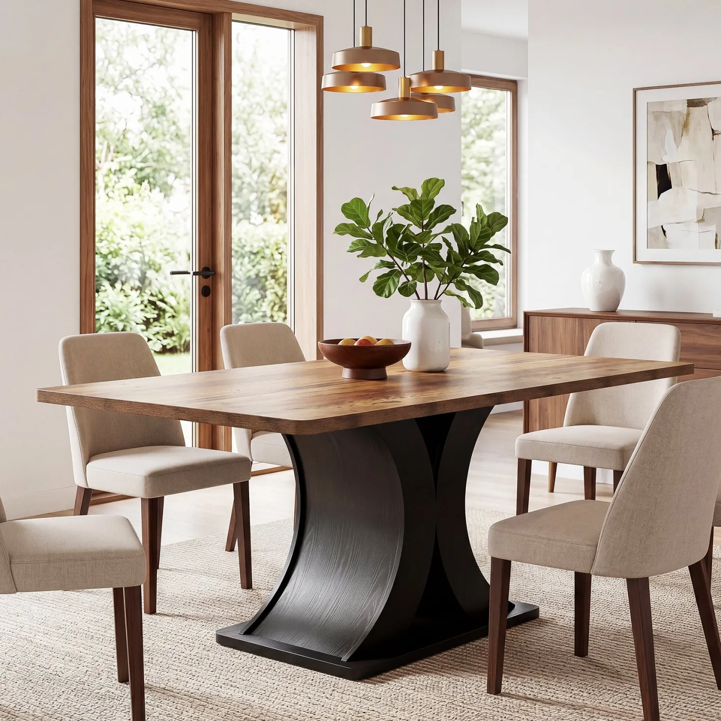 55-Inch Dining Table for 4-6, Farmhouse Wooden Table with Pedestal Base for Kitchen Dining Room