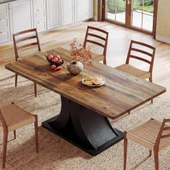 55-Inch Dining Table for 4-6, Farmhouse Wooden Table with Pedestal Base for Kitchen Dining Room