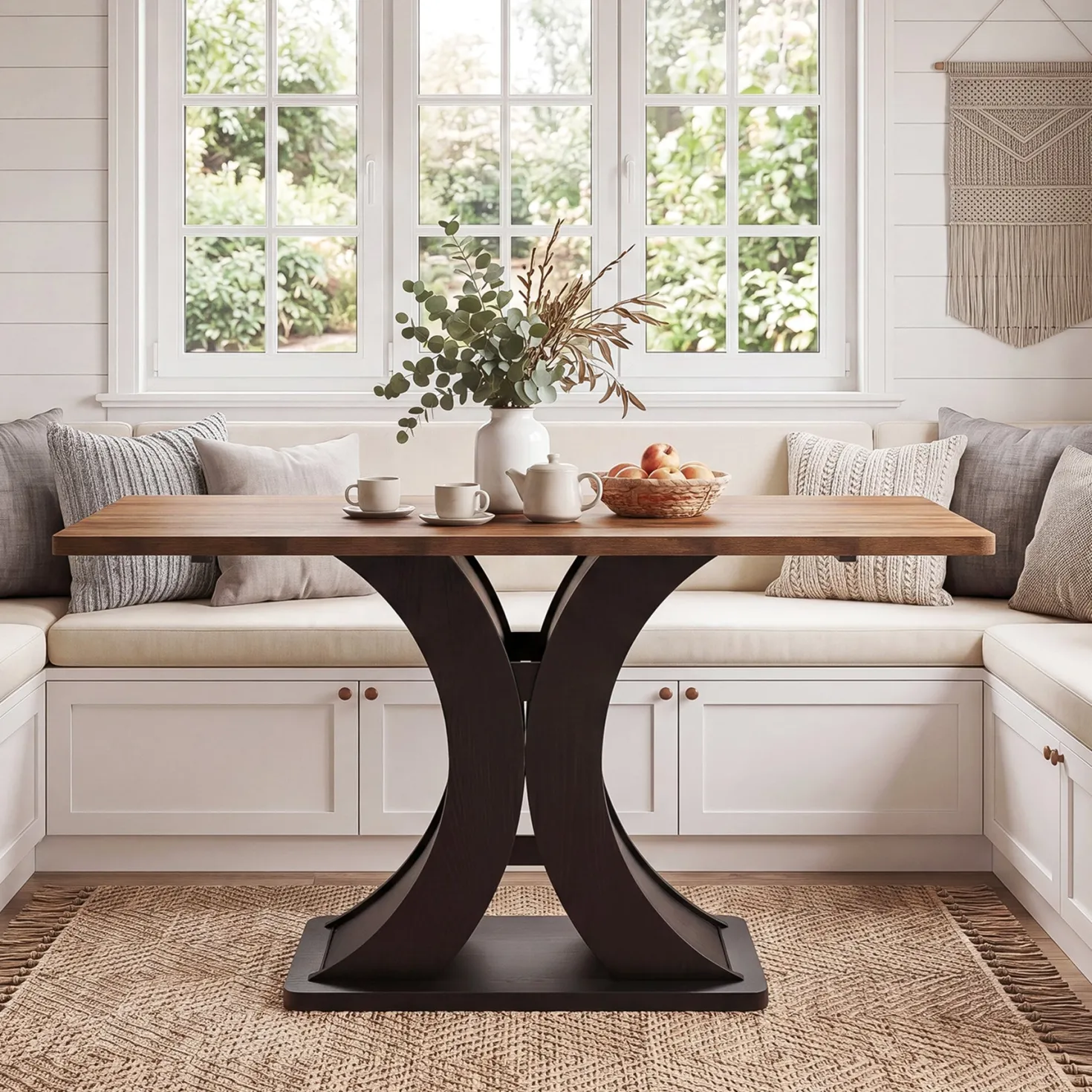 55-Inch Dining Table for 4-6, Farmhouse Wooden Table with Pedestal Base for Kitchen Dining Room