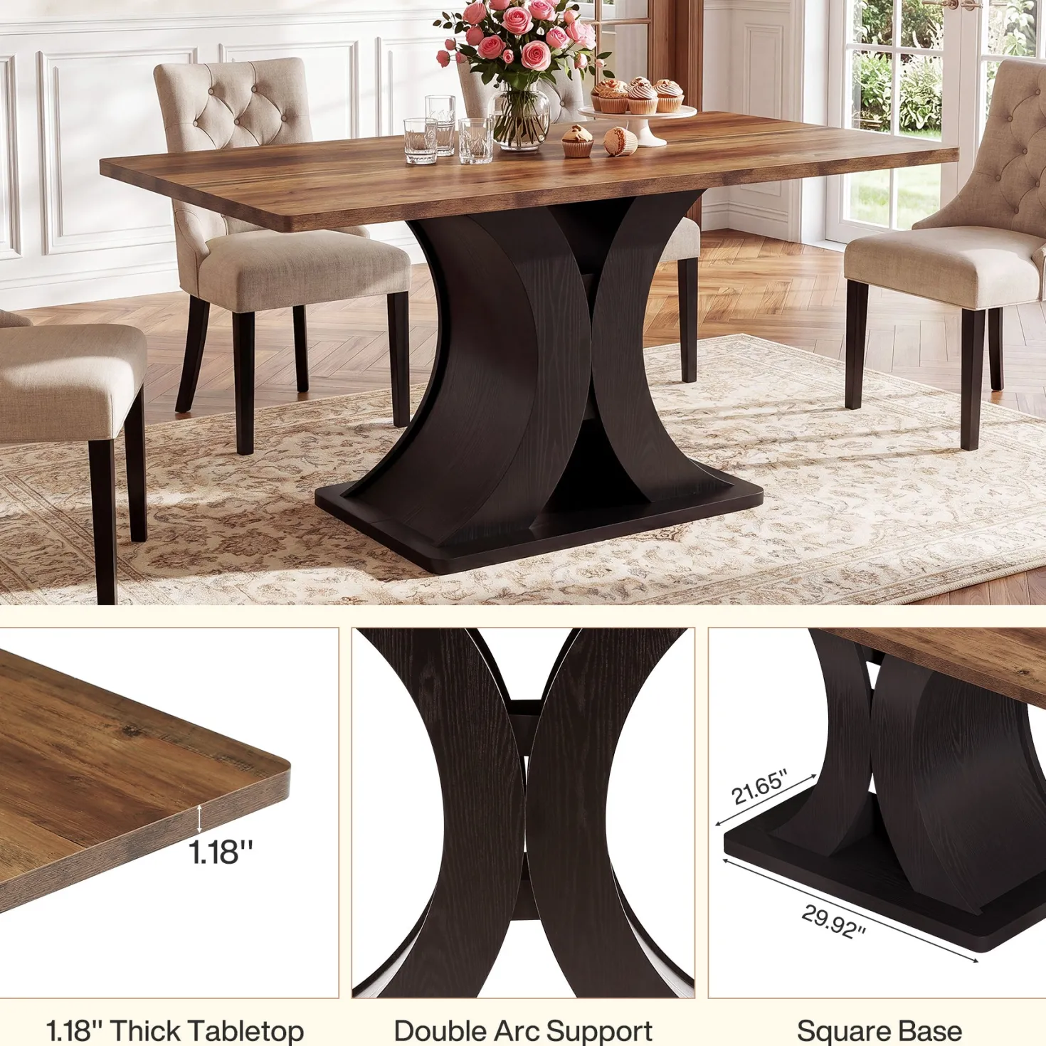 55-Inch Dining Table for 4-6, Farmhouse Wooden Table with Pedestal Base for Kitchen Dining Room