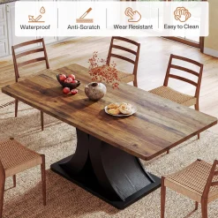 55-Inch Dining Table for 4-6, Farmhouse Wooden Table with Pedestal Base for Kitchen Dining Room