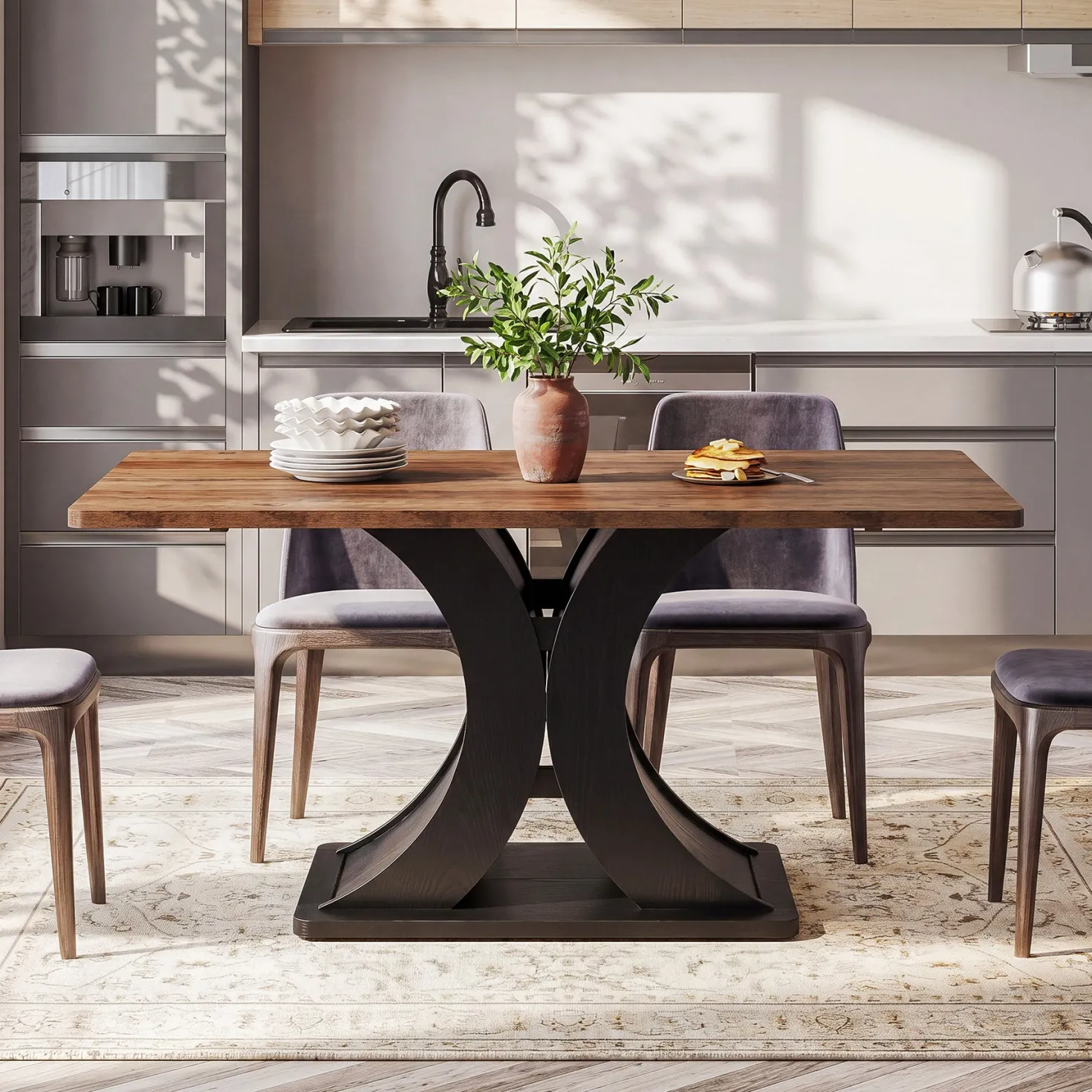 55-Inch Dining Table for 4-6, Farmhouse Wooden Table with Pedestal Base for Kitchen Dining Room
