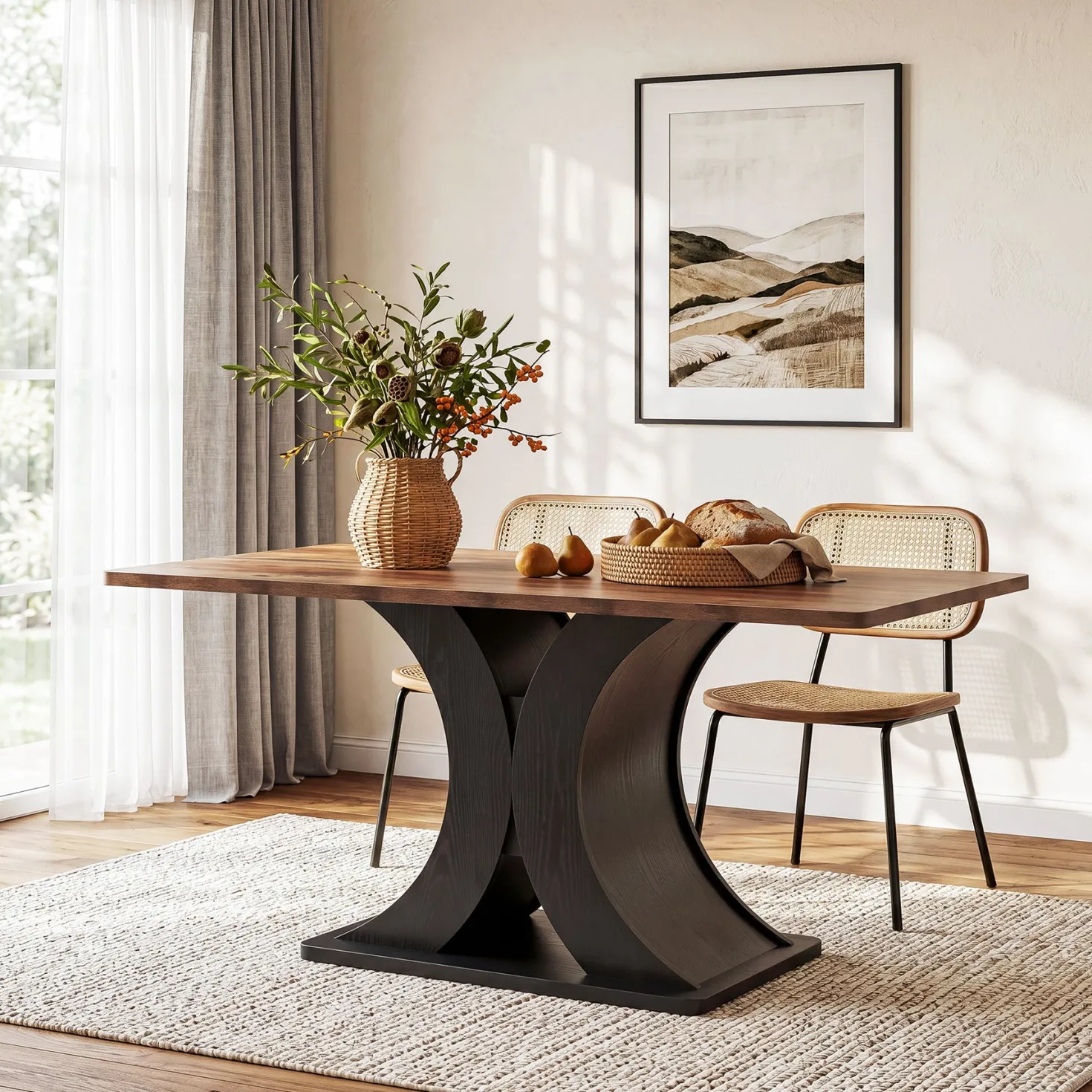 55-Inch Dining Table for 4-6, Farmhouse Wooden Table with Pedestal Base for Kitchen Dining Room