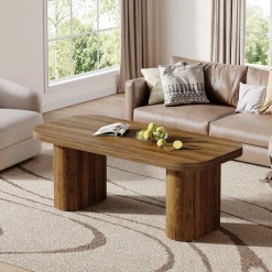 47-Inch Farmhouse Coffee Table, Rectangular Center Table with Rounded Corners and Sturdy Base