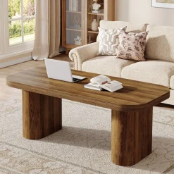 47-Inch Farmhouse Coffee Table, Rectangular Center Table with Rounded Corners and Sturdy Base