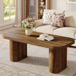47-Inch Farmhouse Coffee Table, Rectangular Center Table with Rounded Corners and Sturdy Base