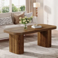 47-Inch Farmhouse Coffee Table, Rectangular Center Table with Rounded Corners and Sturdy Base