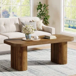 47-Inch Farmhouse Coffee Table, Rectangular Center Table with Rounded Corners and Sturdy Base
