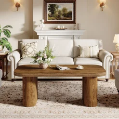 47-Inch Farmhouse Coffee Table, Rectangular Center Table with Rounded Corners and Sturdy Base