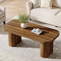47-Inch Farmhouse Coffee Table, Rectangular Center Table with Rounded Corners and Sturdy Base