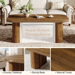 47-Inch Farmhouse Coffee Table, Rectangular Center Table with Rounded Corners and Sturdy Base