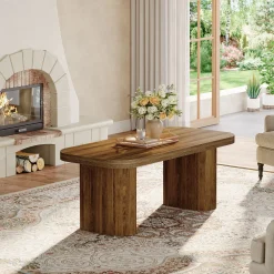 47-Inch Farmhouse Coffee Table, Rectangular Center Table with Rounded Corners and Sturdy Base