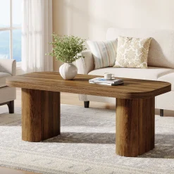 47-Inch Farmhouse Coffee Table, Rectangular Center Table with Rounded Corners and Sturdy Base