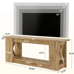 63-Inch Farmhouse TV Stand for TVs up to 70 Inches, Rustic Media Console with 2-Tier Open Storage